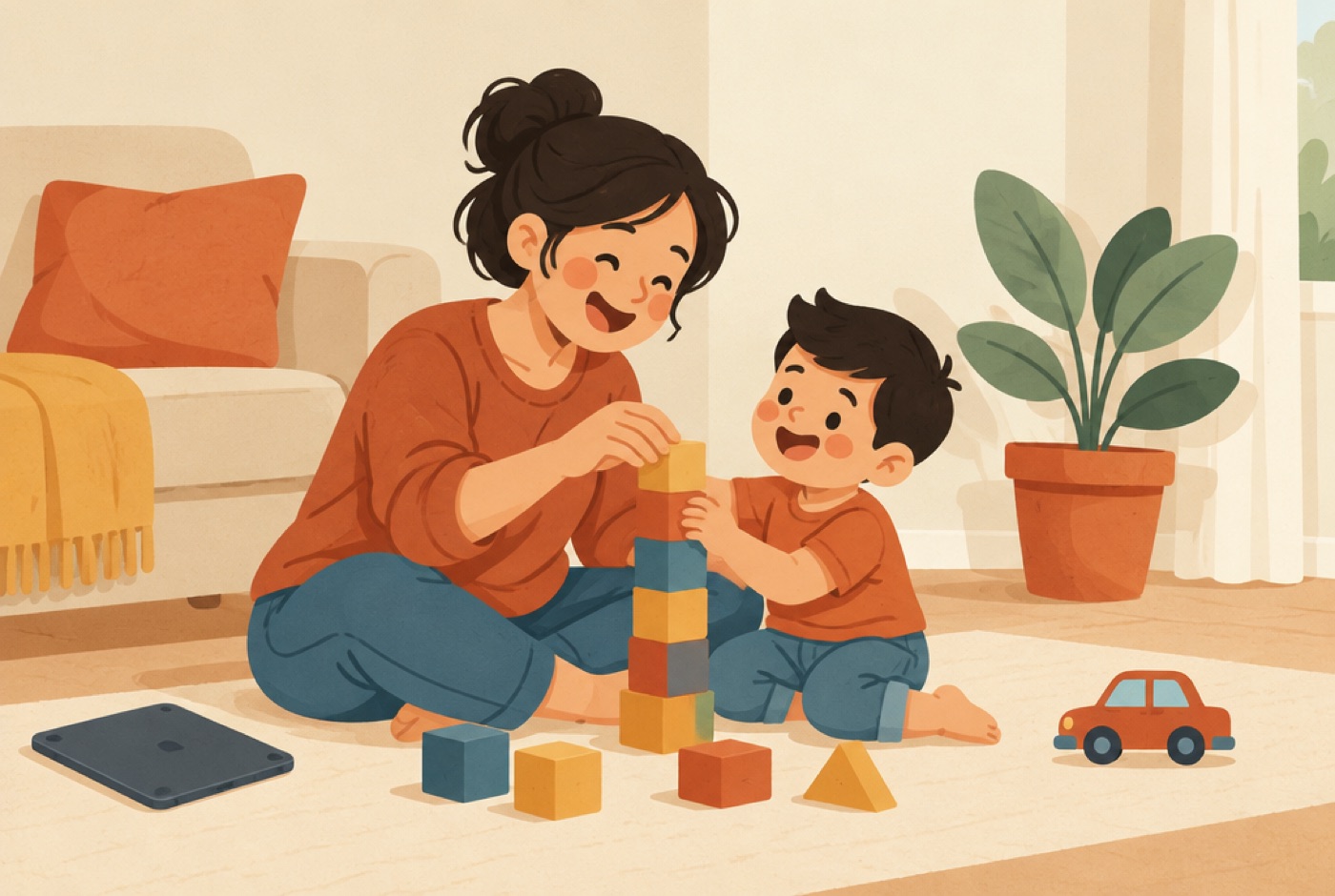 Mamá e hijo jugando con bloques de madera, con la tablet olvidada a un lado