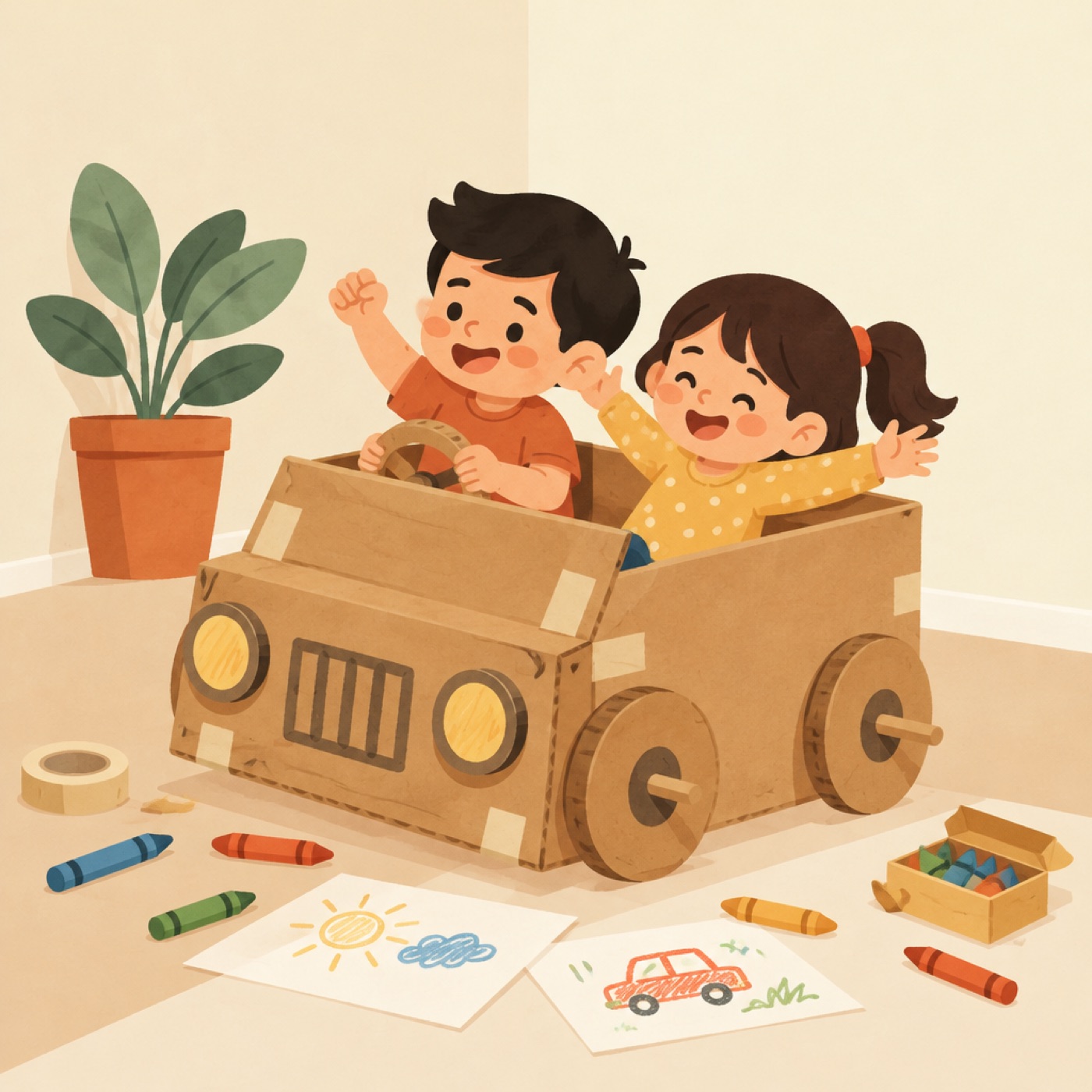 Dos niños jugando dentro de un auto de cartón