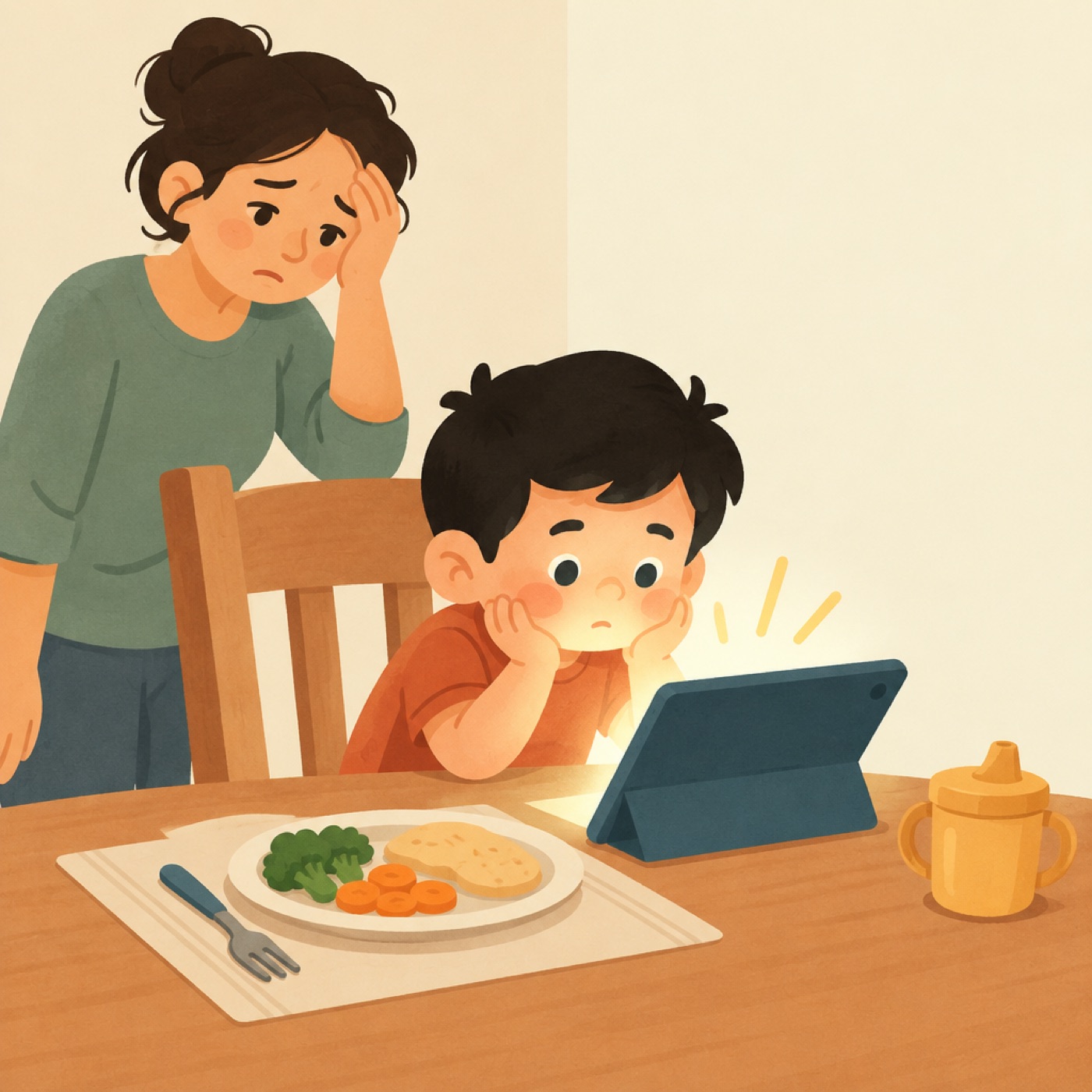 Niño mirando una tablet en la mesa mientras su mamá lo observa preocupada